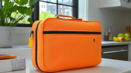 orange neoprene bag with zippers