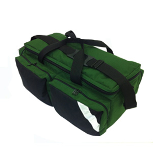 green gear bah with shoulder strap and handles with zipper pockets and reflective strips