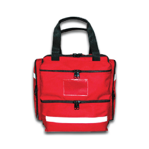 red courier bag with black handles and zipper pockets