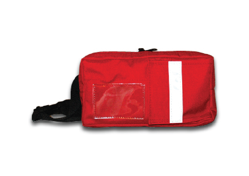 red fanny pack with buckle strap, reflective strip, and clear label holder