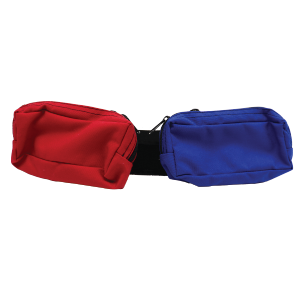 two red and blue fanny packs on one velcro strap