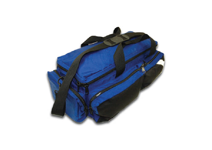 blue gear bag with handles and shoulder strap, zipper pouches, and reflective strip