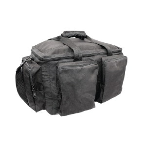 black gear bag with pockets and grip straps