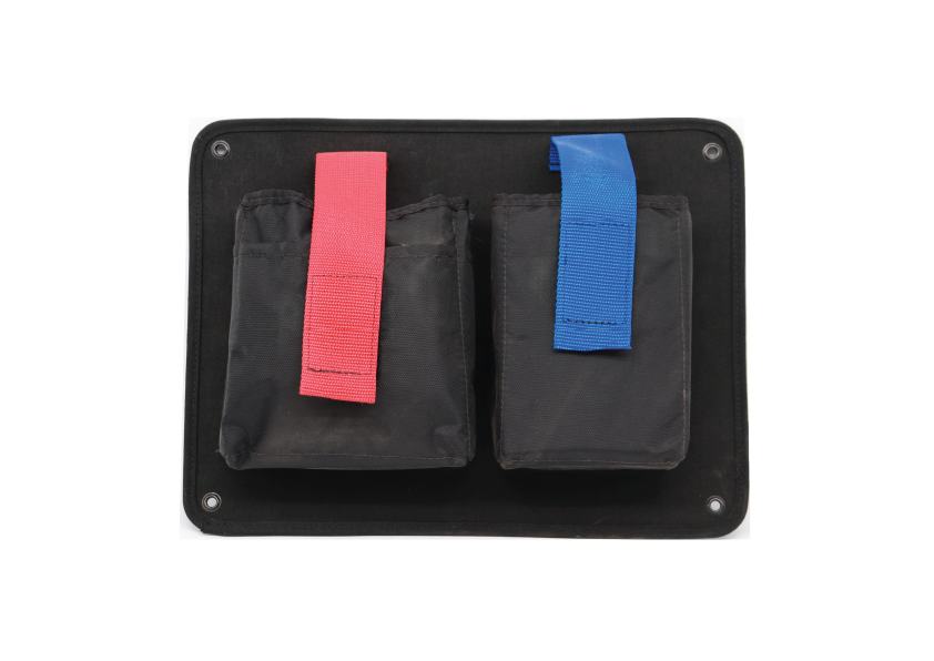 Lid organizer with 2 pockets and velcro tabs in red and blue