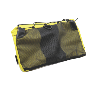 yellow bike bag with mesh pocket and elastic straps and zipper