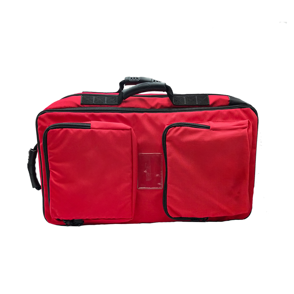 red ems backpack with zipper pockets and handles on side and top