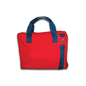 red tote bag with blue handles and side strap