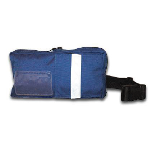 blue zipper puch and fanny pack with reflective strip and clear label holder